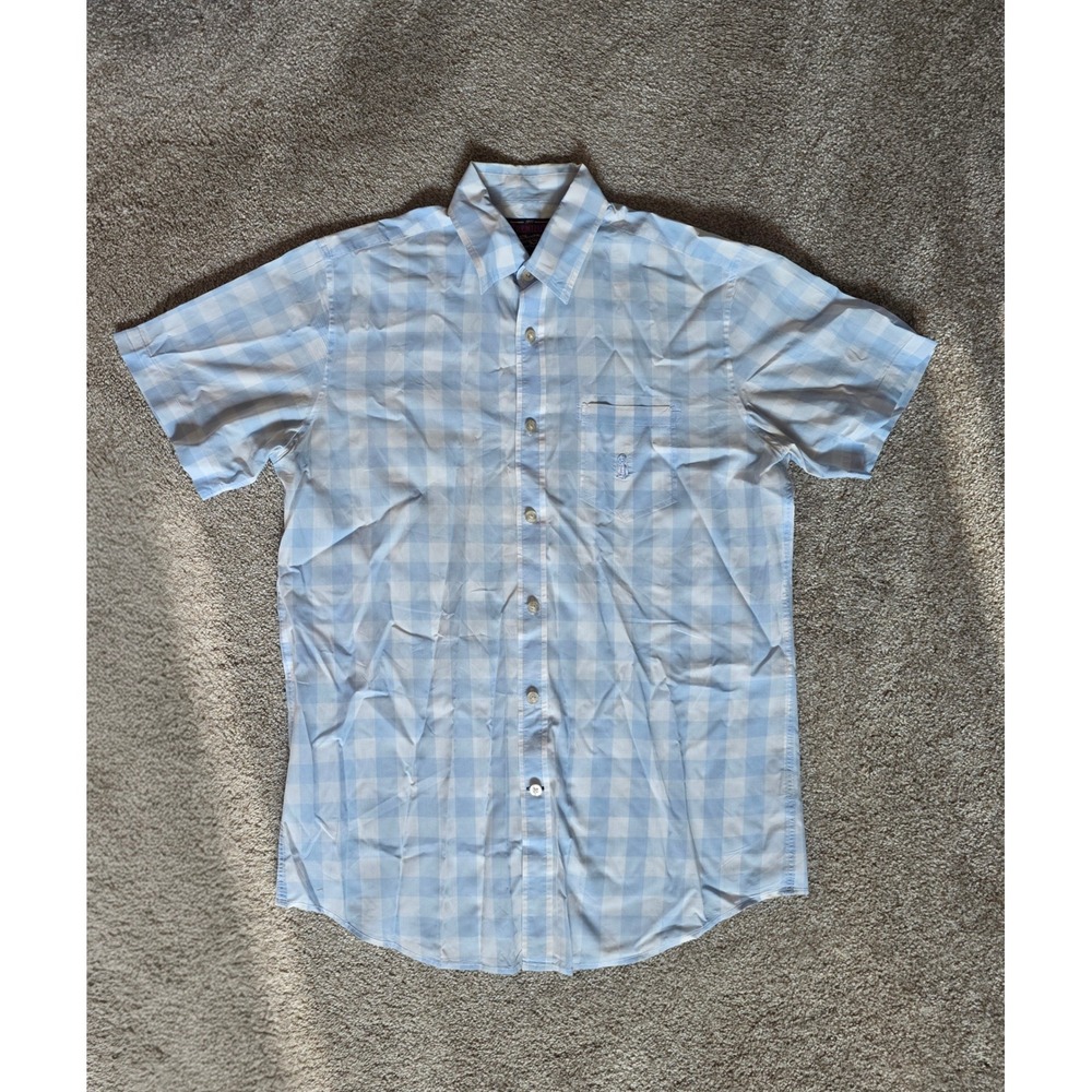 Cremieux‎ Men's Size Medium Plaid Short Sleeve Light Blue and White Button Down